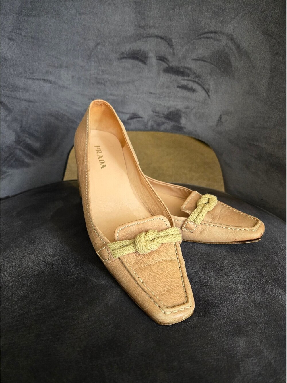 Vintage Prada Beige Leather Square Toe Ballet Flats Shoes EU 38 US 7.5